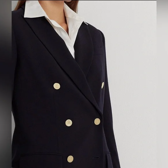 NWT Lauren Ralph Lauren Navy Double-Breasted Wool Crepe Blazer size 16 - Picture 5 of 12